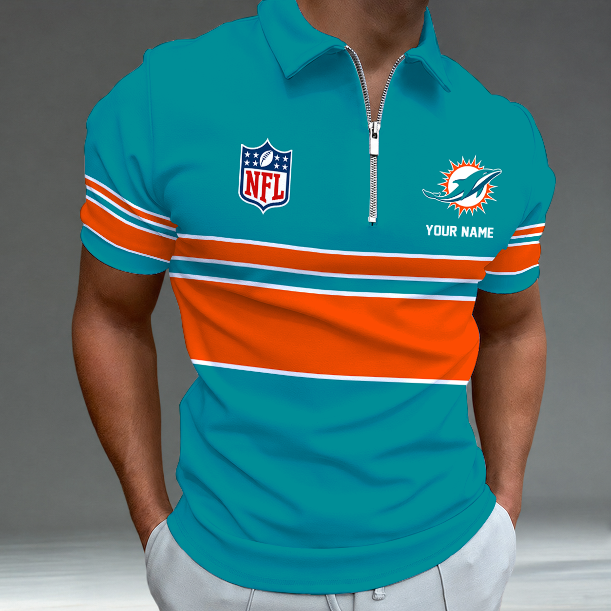 [SPECIAL OFFER] NEW CUSTOMIZED NFL19 MDP MIAMI DOLPHINS ZIP POLO SHIRT