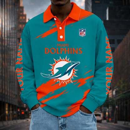 LIMITED EDITION - NEW CUSTOMIZED NFL19 MDP MIAMI DOLPHINS MEN LONG SLEEVE POLO