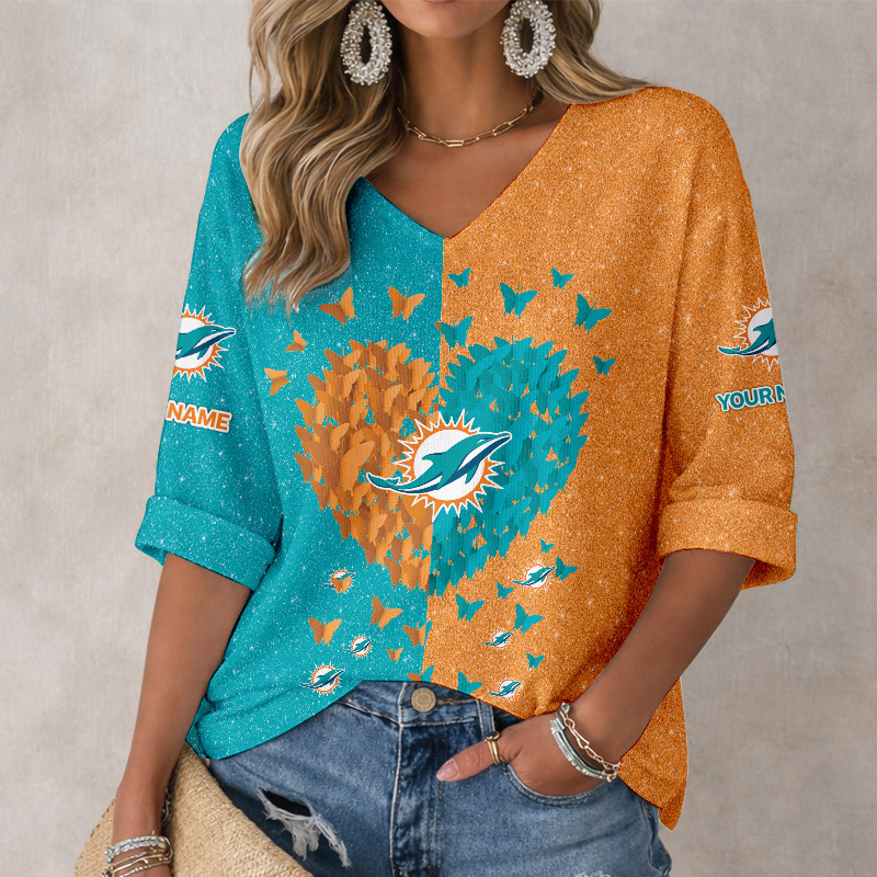 LIMITED EDITION - NEW CUSTOMIZED NFL19 MDP MIAMI DOLPHINS WOMEN'S HEART V-NECK LONG SLEEVE SHIRT