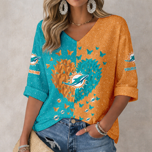 LIMITED EDITION - NEW CUSTOMIZED NFL19 MDP MIAMI DOLPHINS WOMEN'S HEART V-NECK LONG SLEEVE SHIRT