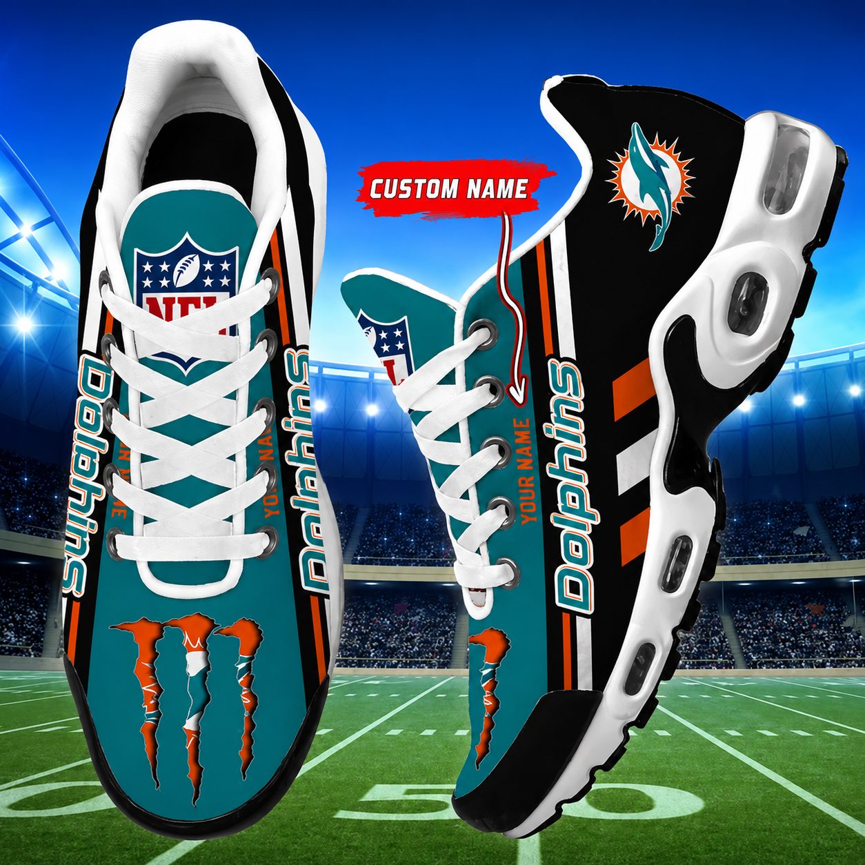 LIMITED EDITION - NEW CUSTOMIZED NFL19 MDP MIAMI DOLPHINS AIR MAX PLUS SNEAKERS