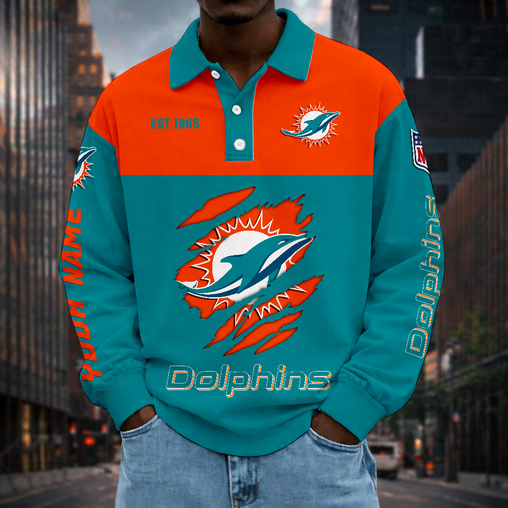 LIMITED EDITION - NEW CUSTOMIZED NFL19 MDP MIAMI DOLPHINS MEN LONG SLEEVE POLO