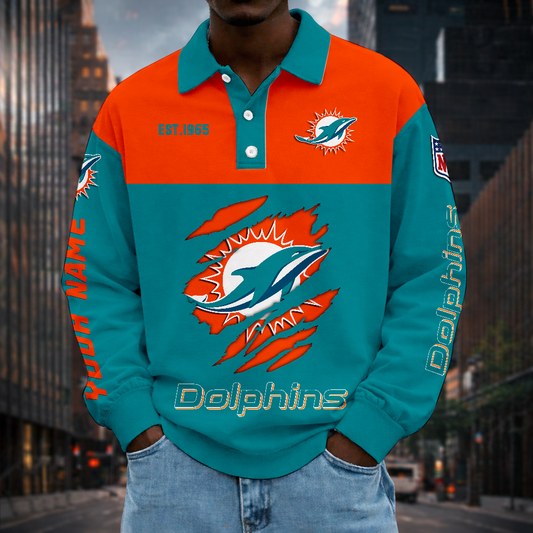 LIMITED EDITION - NEW CUSTOMIZED NFL19 MDP MIAMI DOLPHINS MEN LONG SLEEVE POLO