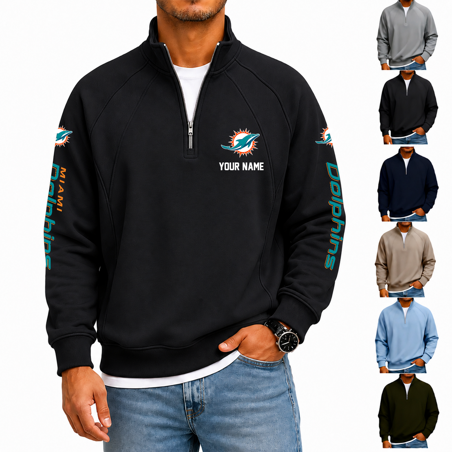[SPECIAL OFFER] NEW CUSTOMIZED NFL19 MDP MIAMI DOLPHINS MEN'S QUARTER ZIP PULLOVER