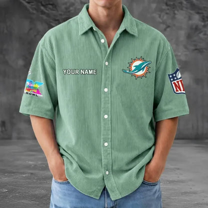 LIMITED EDITION - NEW CUSTOMIZED NFL19 MDP MIAMI DOLPHINS SEERSUCKER BUTTON SHIRT