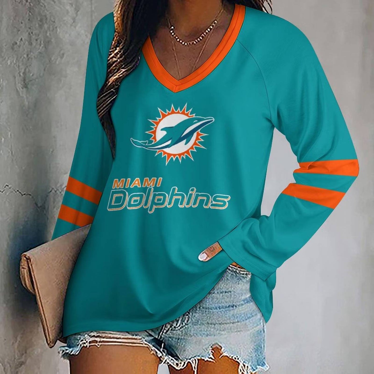LIMITED EDITION - NEW CUSTOMIZED NFL19 MDP MIAMI DOLPHINS WOMEN'S V-NECK LONG SLEEVED SHIRT