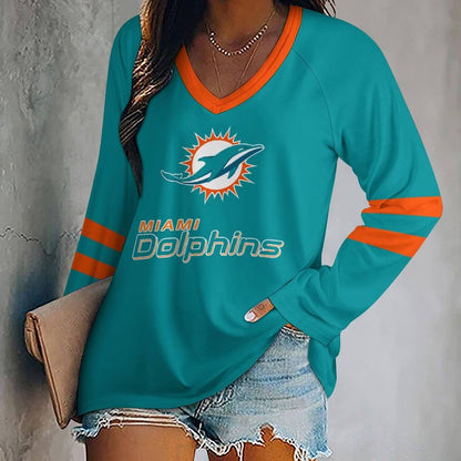 LIMITED EDITION - NEW CUSTOMIZED NFL19 MDP MIAMI DOLPHINS WOMEN'S V-NECK LONG SLEEVED SHIRT