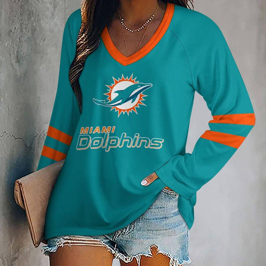 LIMITED EDITION - NEW CUSTOMIZED NFL19 MDP MIAMI DOLPHINS WOMEN'S V-NECK LONG SLEEVED SHIRT