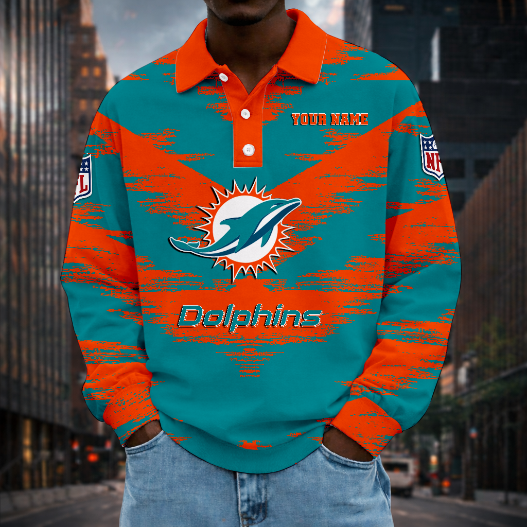 LIMITED EDITION - NEW CUSTOMIZED NFL19 MDP MIAMI DOLPHINS MEN LONG SLEEVE POLO