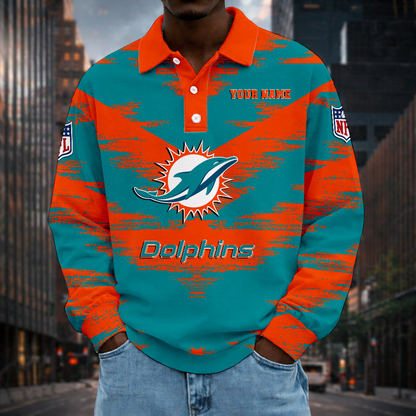 LIMITED EDITION - NEW CUSTOMIZED NFL19 MDP MIAMI DOLPHINS MEN LONG SLEEVE POLO