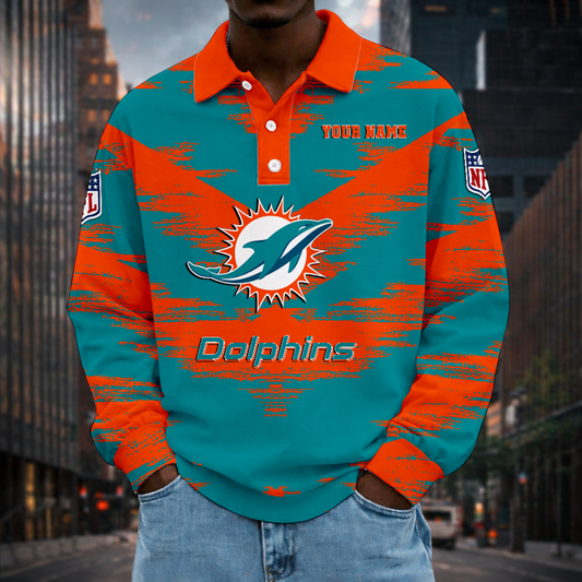 LIMITED EDITION - NEW CUSTOMIZED NFL19 MDP MIAMI DOLPHINS MEN LONG SLEEVE POLO