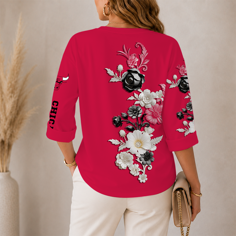 [HOT DEAL] NEW CUSTOMIZED NBA19 CBU CHICAGO BULLS WOMEN'S V-NECK LONG SLEEVE SHIRT