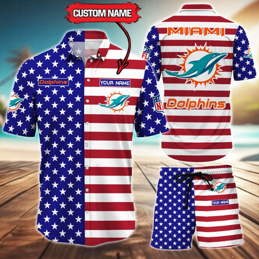 ELITE EDITION  - NEW CUSTOMIZED NFL19 MDP MIAMI DOLPHINS UNISEX INDEPENDENCE DAY HAWAIIAN SHIRT & SHORTS SET