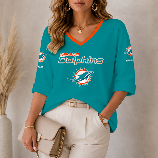 [SPECIAL OFFER] NEW CUSTOMIZED NFL19 MDP MIAMI DOLPHINS WOMEN'S HEART V-NECK LONG SLEEVE SHIRT