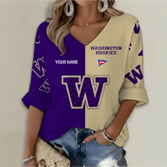 ELITE EDITION - NEW CUSTOMIZED NCAA FBS19 WSH WASHINGTON HUSKIES WOMEN'S HEART V-NECK LONG SLEEVE SHIRT