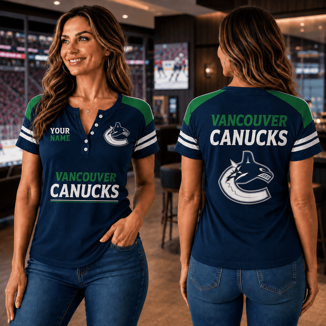 SPECIAL EDITION - NEW CUSTOMIZED NHL19 VCC VANCOUVER CANUCKS WOMEN'S SHORT SLEEVE HENLEY T-SHIRT