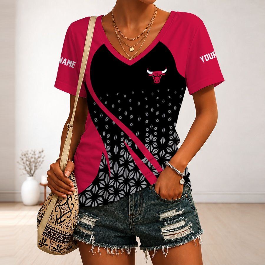 [HOT DEAL] NEW CUSTOMIZED NBA19 CBU CHICAGO BULLS V-NECK FEMALE SHIRT