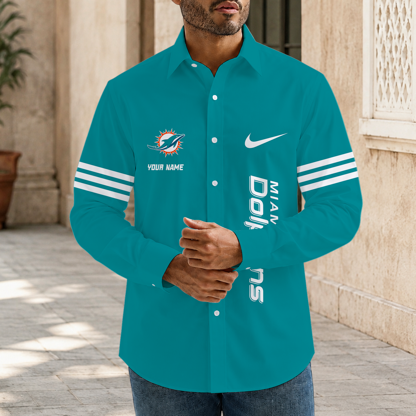 [SPECIAL OFFER] NEW CUSTOMIZED NFL19 MDP MIAMI DOLPHINS MEN'S LONG SLEEVE BUTTON-UP SHIRT