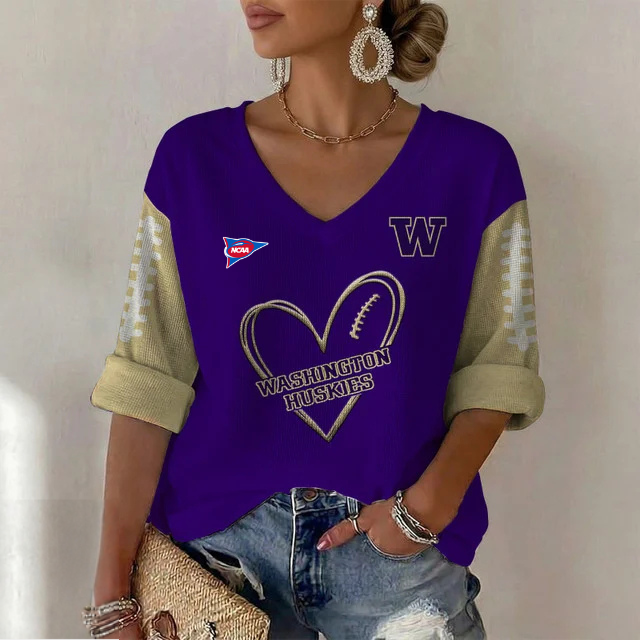 ELITE EDITION - NEW CUSTOMIZED NCAA FBS19 WSH WASHINGTON HUSKIES WOMEN'S HEART V-NECK LONG SLEEVE SHIRT