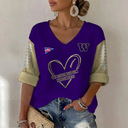 ELITE EDITION - NEW CUSTOMIZED NCAA FBS19 WSH WASHINGTON HUSKIES WOMEN'S HEART V-NECK LONG SLEEVE SHIRT