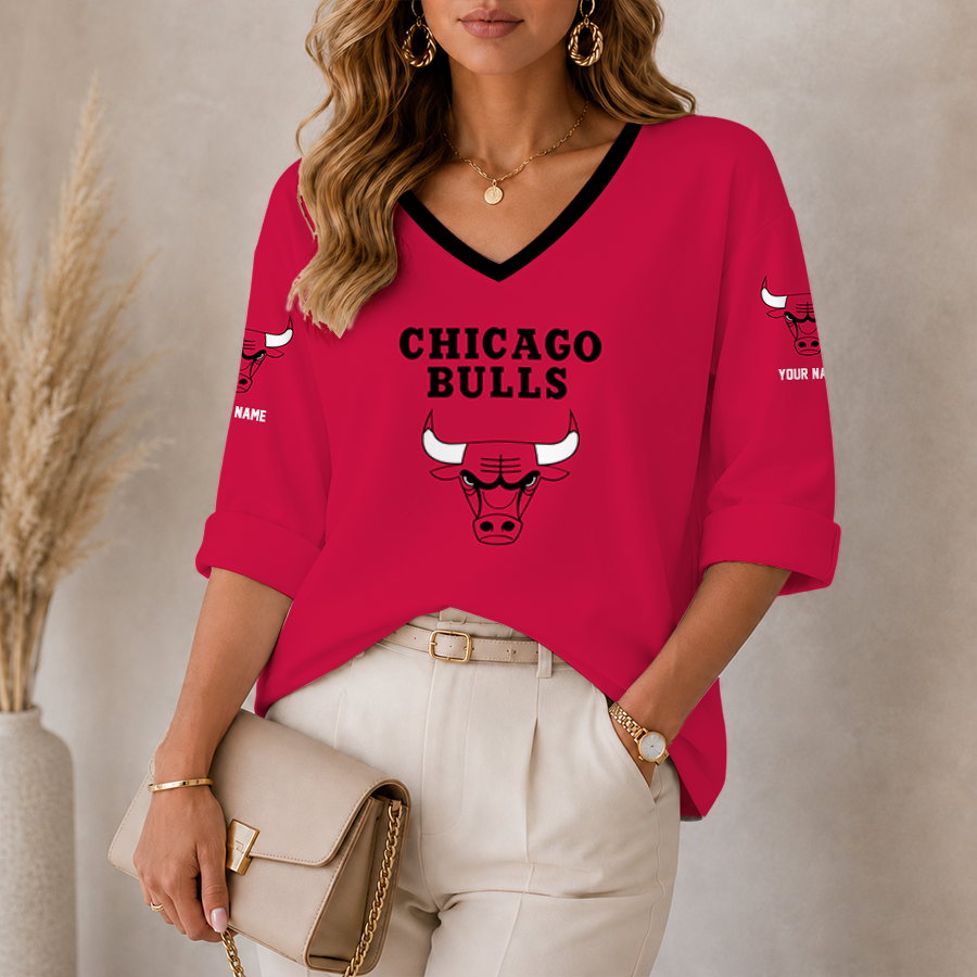 [HOT DEAL] NEW CUSTOMIZED NBA19 CBU CHICAGO BULLS WOMEN'S HEART V-NECK LONG SLEEVE SHIRT