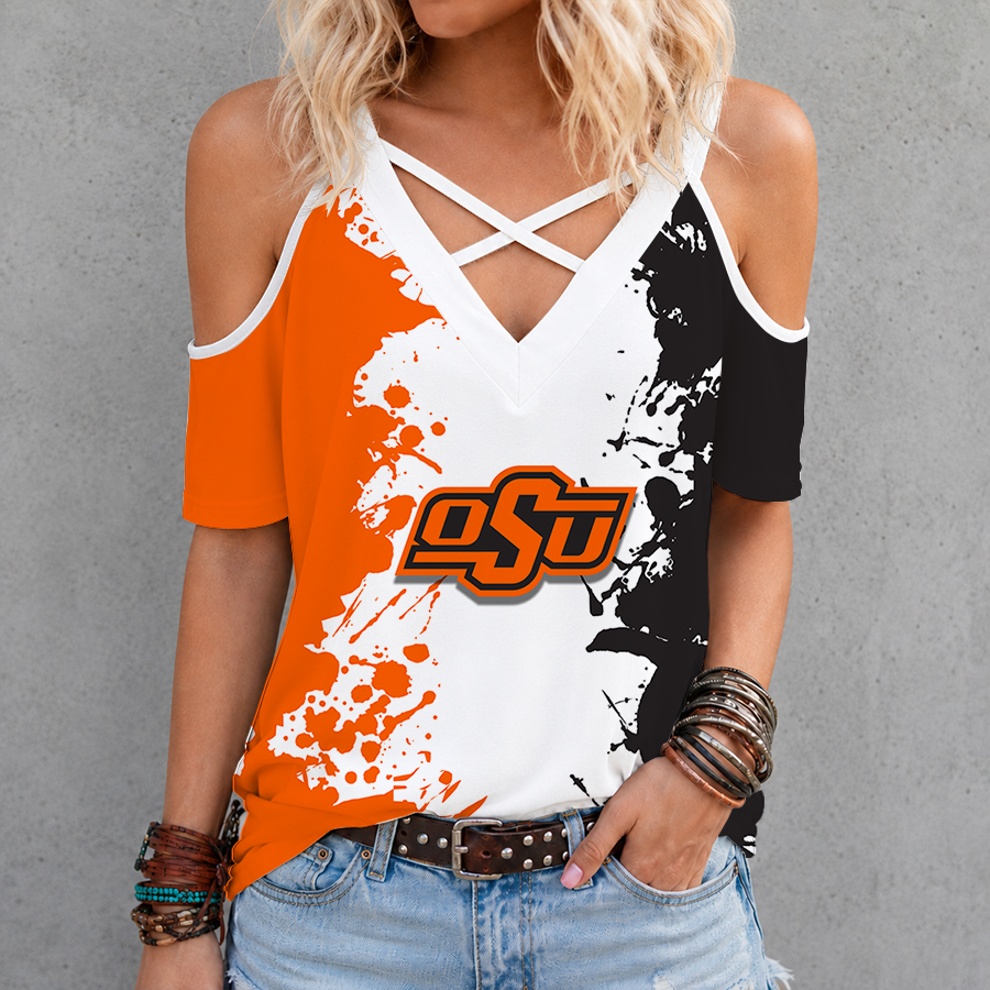 [FAN FAVORITE] NEW CUSTOMIZED NCAA CWS19 OSC OKLAHOMA STATE COWBOYS CRISS CROSS V-NECK TOP