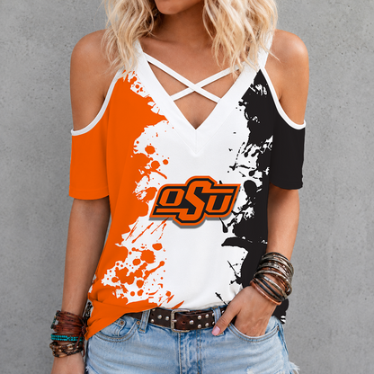 [FAN FAVORITE] NEW CUSTOMIZED NCAA CWS19 OSC OKLAHOMA STATE COWBOYS CRISS CROSS V-NECK TOP