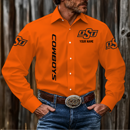LIMITED EDITION - NEW CUSTOMIZED NCAA CWS19 OSC OKLAHOMA STATE COWBOYS MEN'S LONG SLEEVE BUTTON-UP SHIRT
