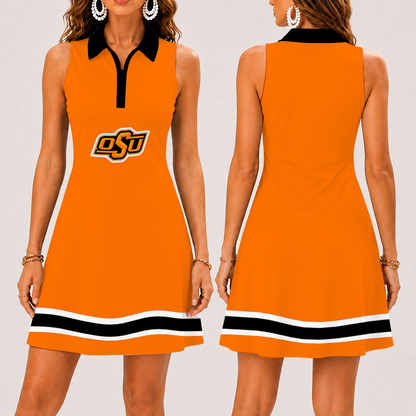 [FAN FAVORITE] NEW CUSTOMIZED NCAA CWS19 OSC OKLAHOMA STATE COWBOYS WOMEN'S ZIP SLEEVELESS POLO DRESS