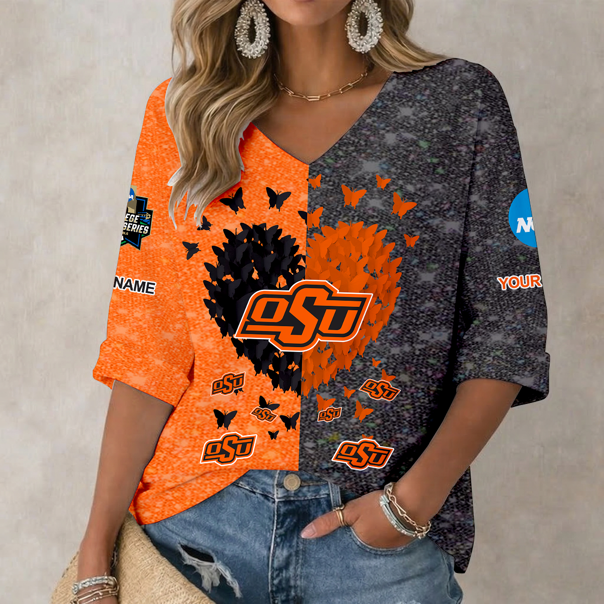 LIMITED EDITION - NEW CUSTOMIZED NCAA CWS19 OSC OKLAHOMA STATE COWBOYS WOMEN'S HEART V-NECK LONG SLEEVE SHIRT