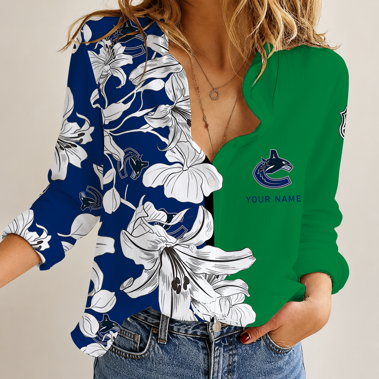 [SUPER SALE] NEW CUSTOMIZED NHL19 VCC VANCOUVER CANUCKS WOMEN CASUAL SHIRT