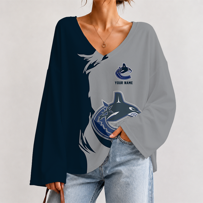 [SUPER SALE] NEW CUSTOMIZED NHL19 VCC VANCOUVER CANUCKS V-NECK LONG SLEEVED CROP TOP