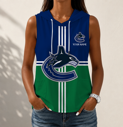 VIRAL EDITION - NEW CUSTOMIZED NHL19 VCC VANCOUVER CANUCKS WOMEN'S SLEEVELESS HOODED POCKET TANK TOP
