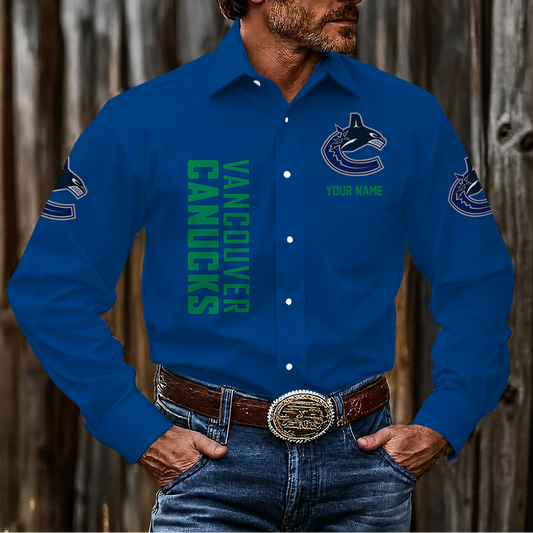 LIMITED EDITION - NEW CUSTOMIZED NHL19 VCC VANCOUVER CANUCKS MEN'S LONG SLEEVE BUTTON-UP SHIRT