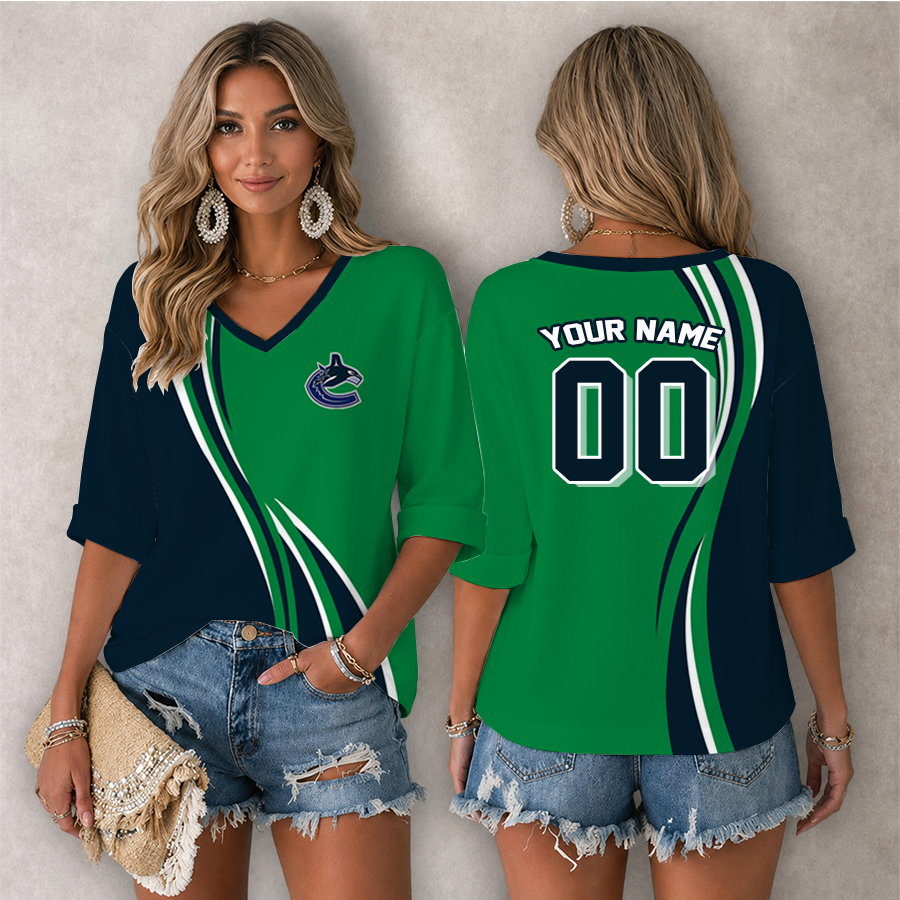 [SUPER SALE] NEW CUSTOMIZED NHL19 VCC VANCOUVER CANUCKS WOMEN'S HEART V-NECK LONG SLEEVE SHIRT