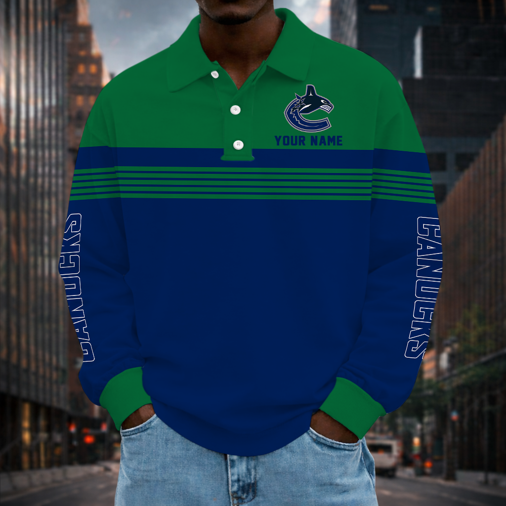 SPECIAL EDITION - NEW CUSTOMIZED NHL19 VCC VANCOUVER CANUCKS MEN LONG SLEEVE POLO