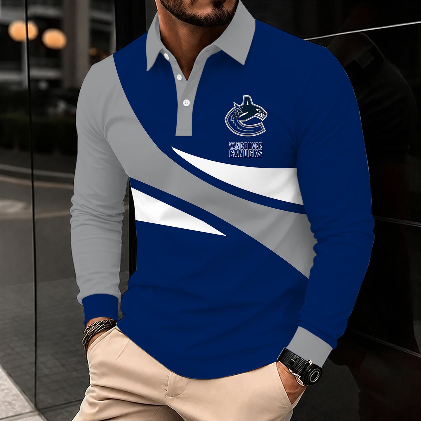 [SUPER SALE] NEW CUSTOMIZED NHL19 VCC VANCOUVER CANUCKS MEN LONG SLEEVE POLO