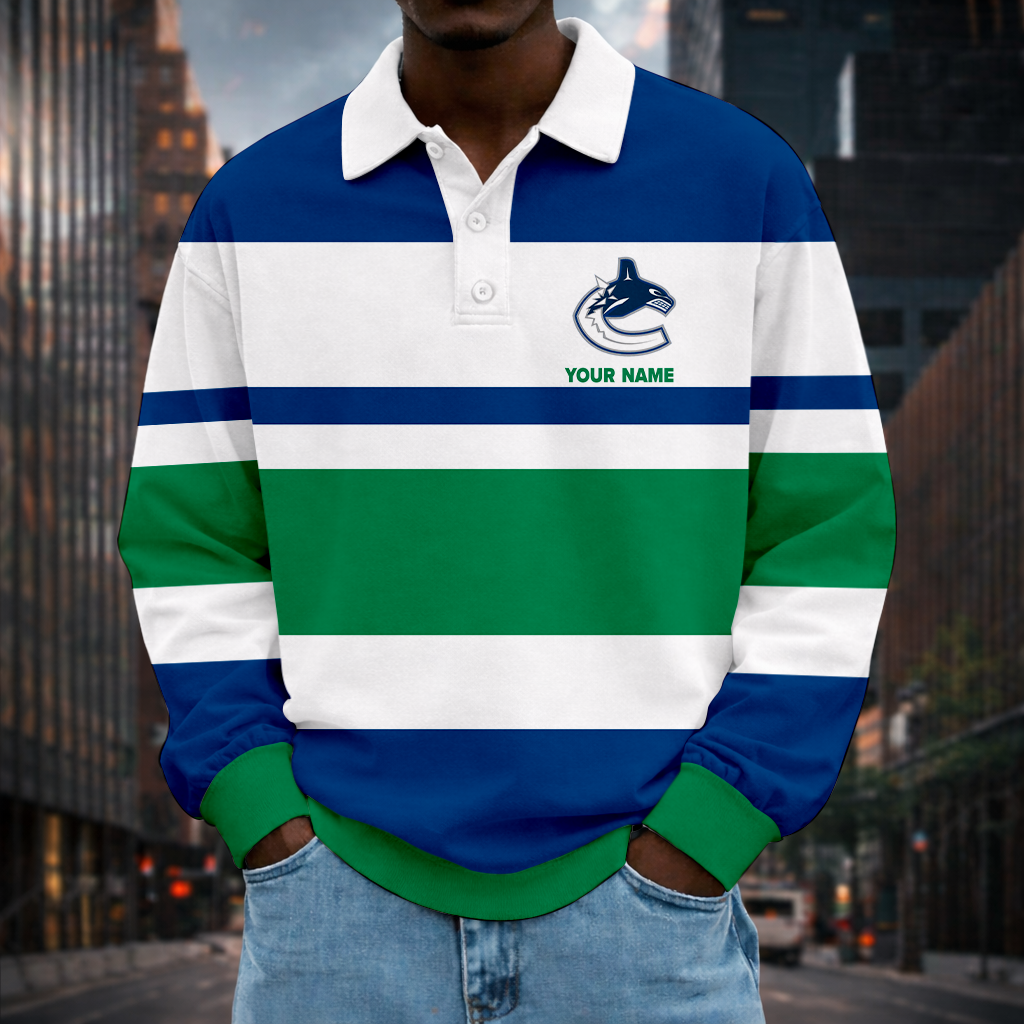 LIMITED EDITION - NEW CUSTOMIZED NHL19 VCC VANCOUVER CANUCKS MEN LONG SLEEVE POLO