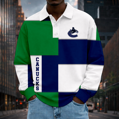 LIMITED EDITION - NEW CUSTOMIZED NHL19 VCC VANCOUVER CANUCKS MEN LONG SLEEVE POLO