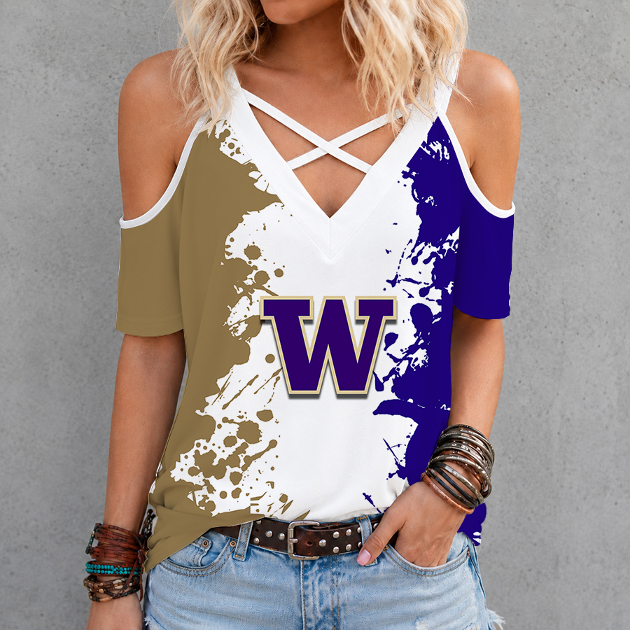 [FAN FAVORITE] NEW CUSTOMIZED NCAA FBS19 WSH WASHINGTON HUSKIES CRISS CROSS V-NECK TOP
