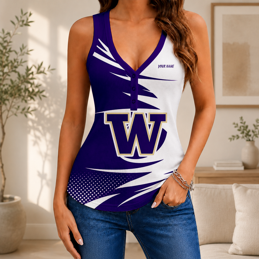 [FAN FAVORITE] NEW CUSTOMIZED NCAA FBS19 WSH WASHINGTON HUSKIES WOMEN'S V-NECK TANK TOP