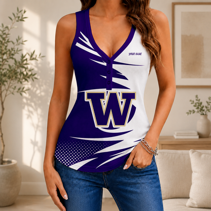 [FAN FAVORITE] NEW CUSTOMIZED NCAA FBS19 WSH WASHINGTON HUSKIES WOMEN'S V-NECK TANK TOP