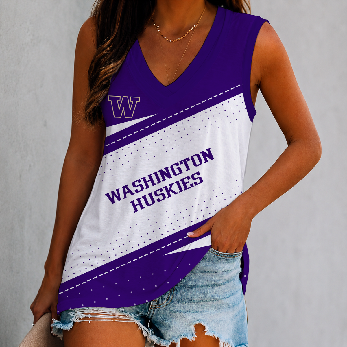 EXCLUSIVE EDITION - NEW CUSTOMIZED NCAA FBS19 WSH WASHINGTON HUSKIES WOMEN'S V-NECK TANK TOP