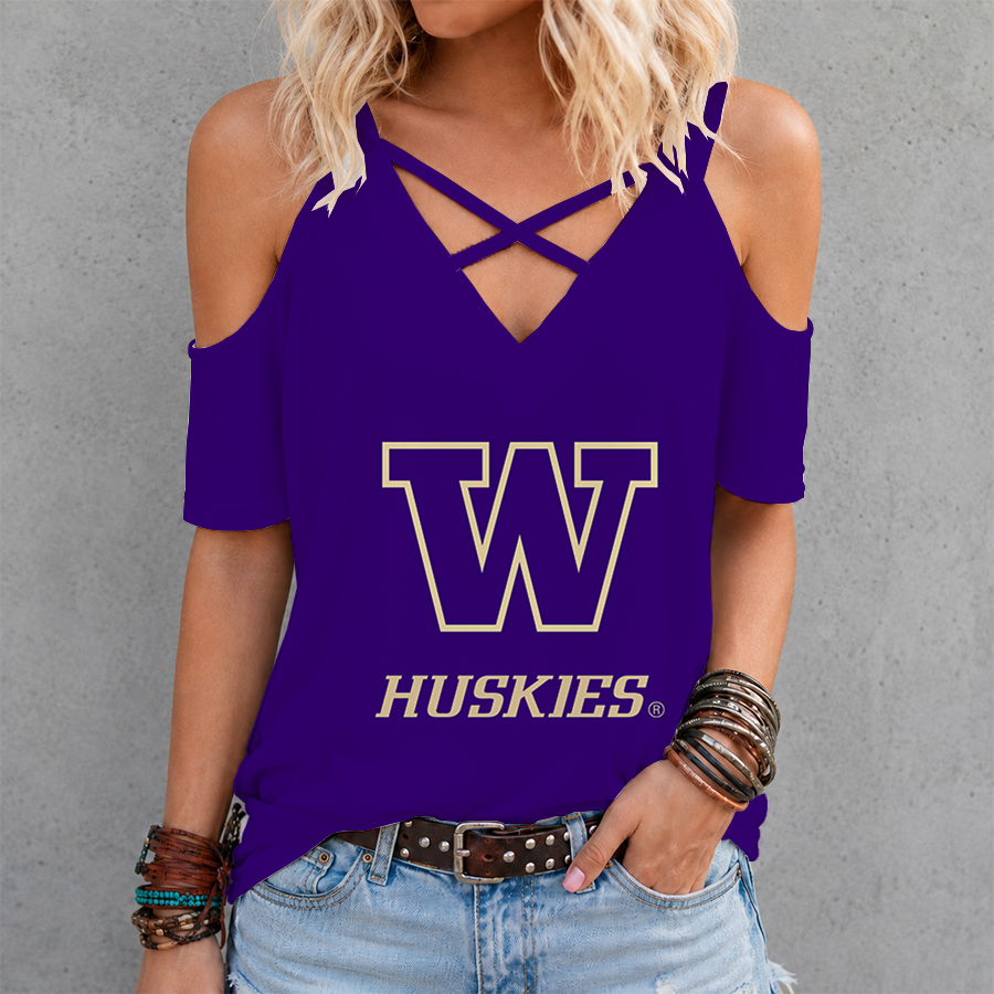 [FAN FAVORITE] NEW CUSTOMIZED NCAA FBS19 WSH WASHINGTON HUSKIES CRISS CROSS V-NECK TOP