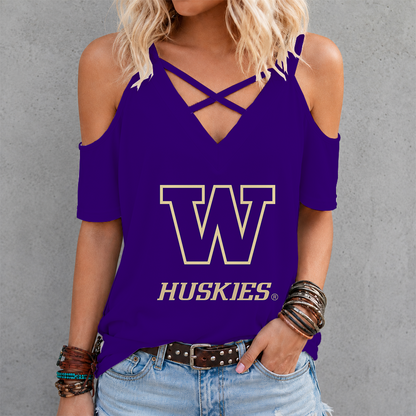 [FAN FAVORITE] NEW CUSTOMIZED NCAA FBS19 WSH WASHINGTON HUSKIES CRISS CROSS V-NECK TOP