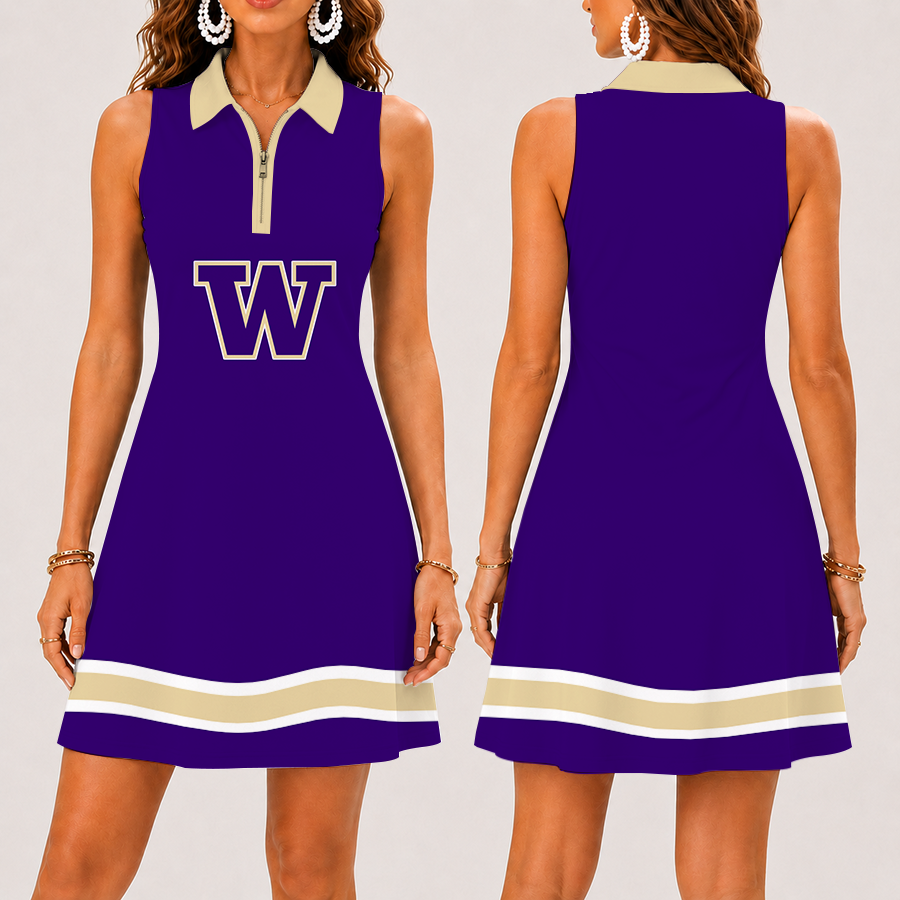 [FAN FAVORITE] NEW CUSTOMIZED NCAA FBS19 WSH WASHINGTON HUSKIES WOMEN'S ZIP SLEEVELESS POLO DRESS