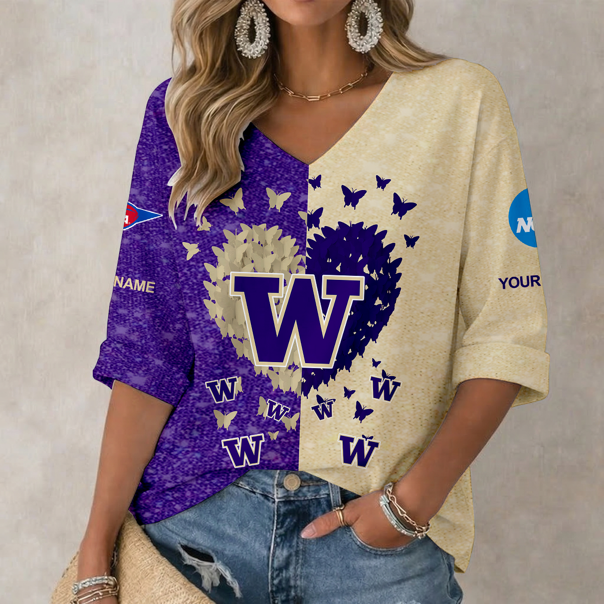 LIMITED EDITION - NEW CUSTOMIZED NCAA FBS19 WSH WASHINGTON HUSKIES WOMEN'S HEART V-NECK LONG SLEEVE SHIRT