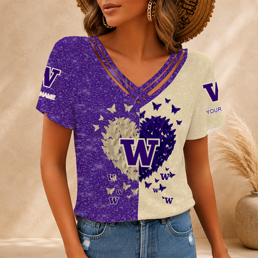 [FAN FAVORITE] NEW CUSTOMIZED NCAA FBS19 WSH WASHINGTON HUSKIES V-NECK SHIRT