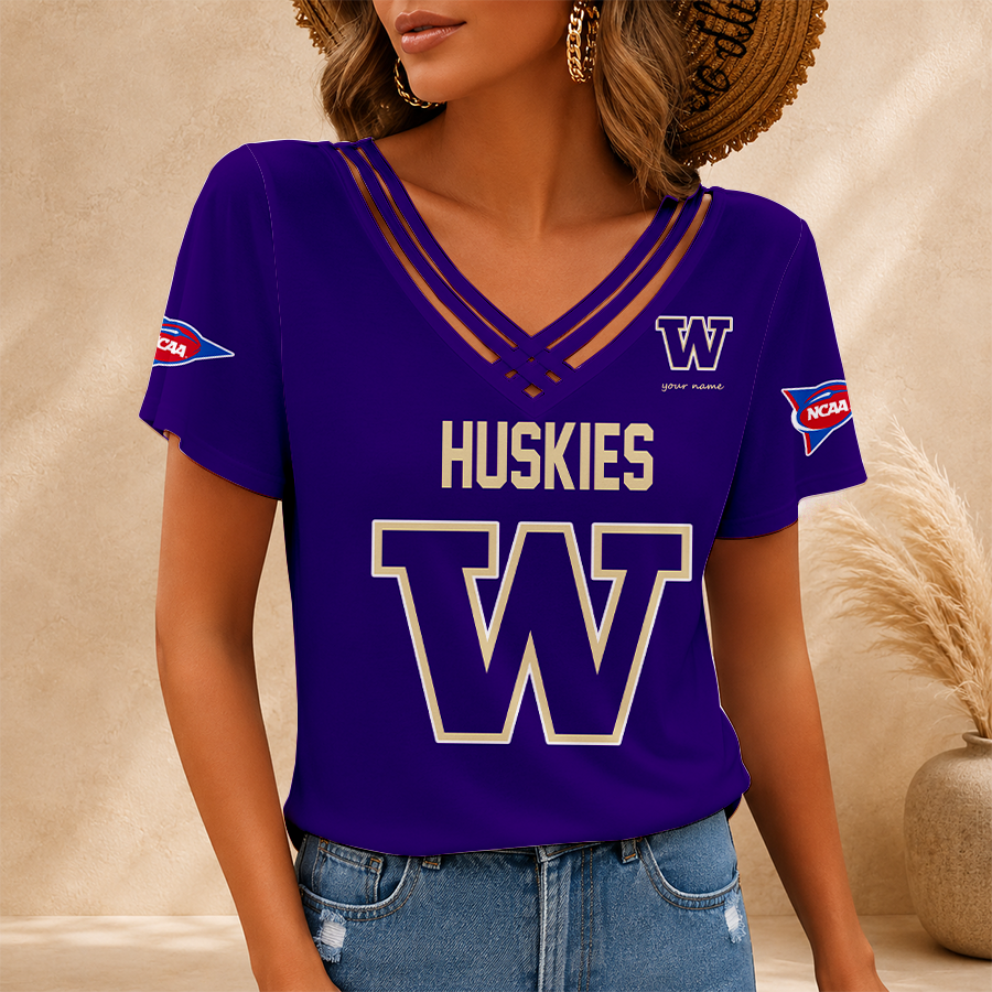 [FAN FAVORITE] NEW CUSTOMIZED NCAA FBS19 WSH WASHINGTON HUSKIES V-NECK SHIRT