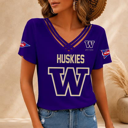 [FAN FAVORITE] NEW CUSTOMIZED NCAA FBS19 WSH WASHINGTON HUSKIES V-NECK SHIRT